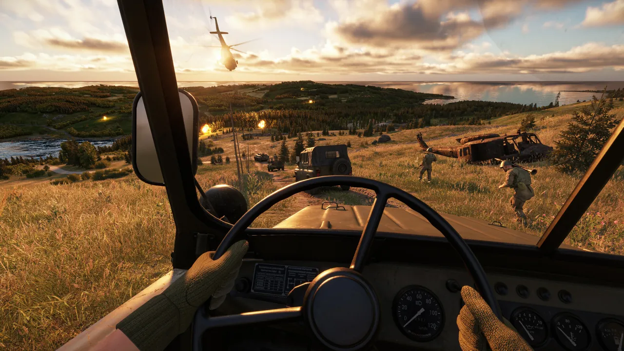 Soldiers moving through a village on Everon in Arma Reforger