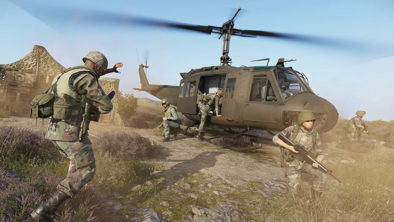 A squad near a helicopter landing zone in Arma Reforger