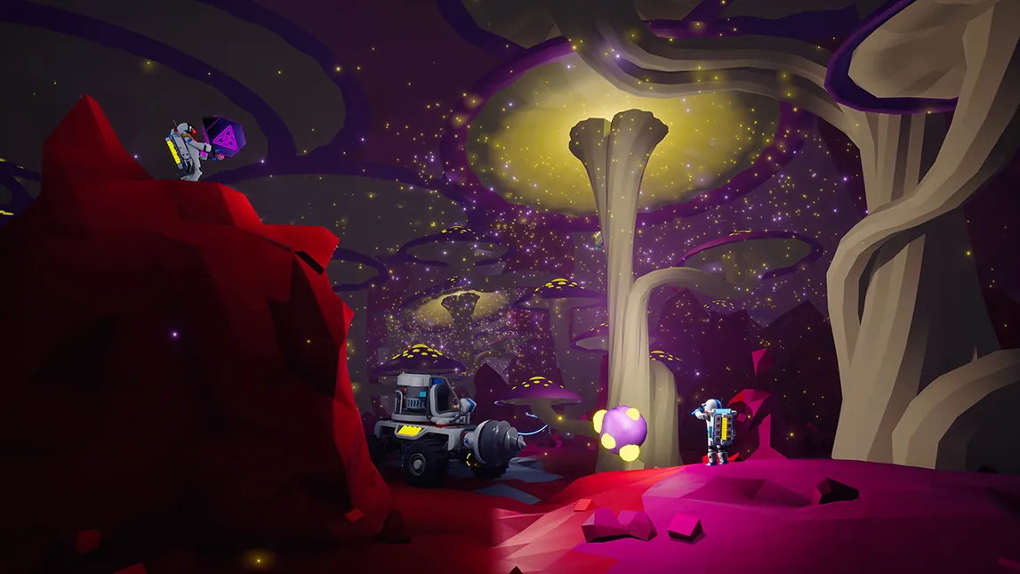 An Astroneer crew exploring with a rover