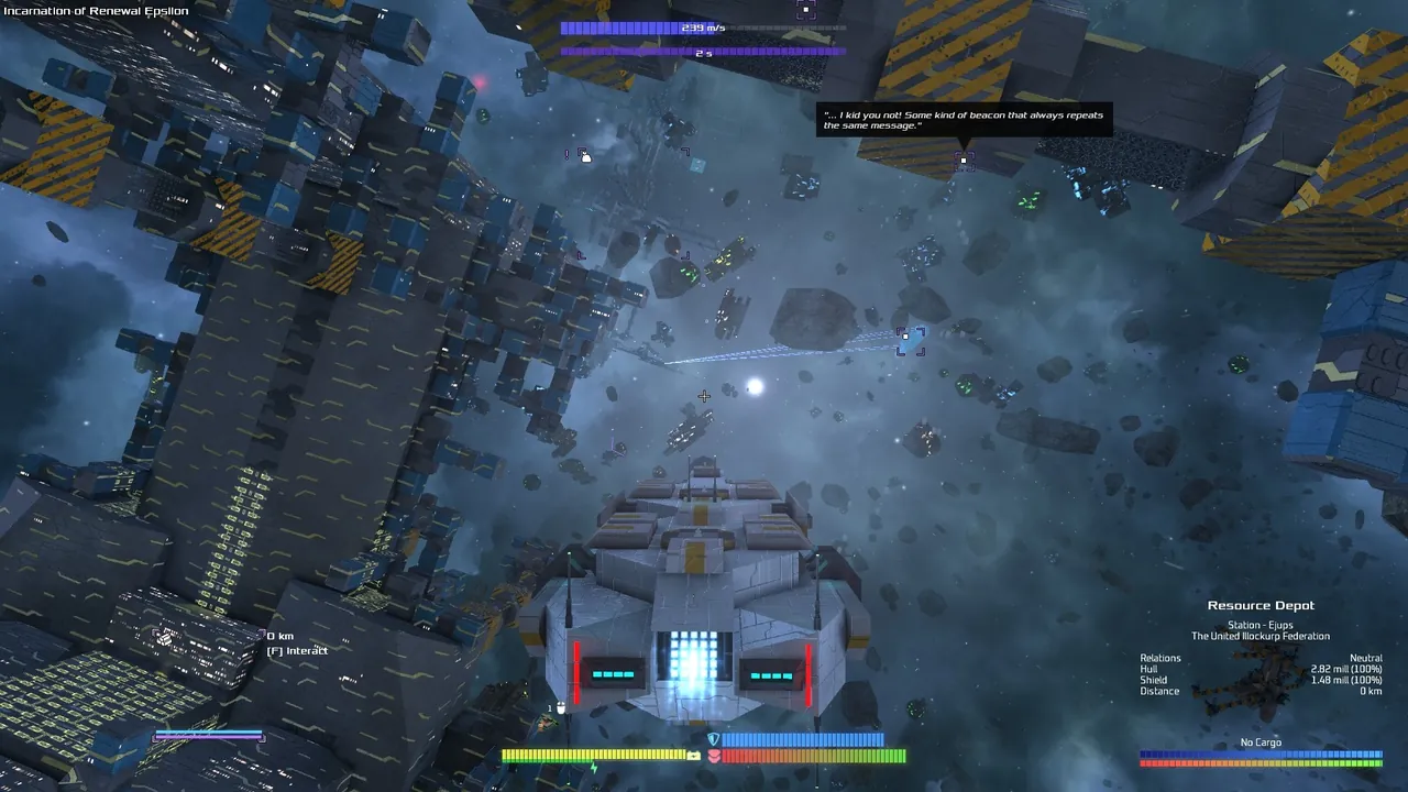Avorion block built ships fighting in an asteroid field