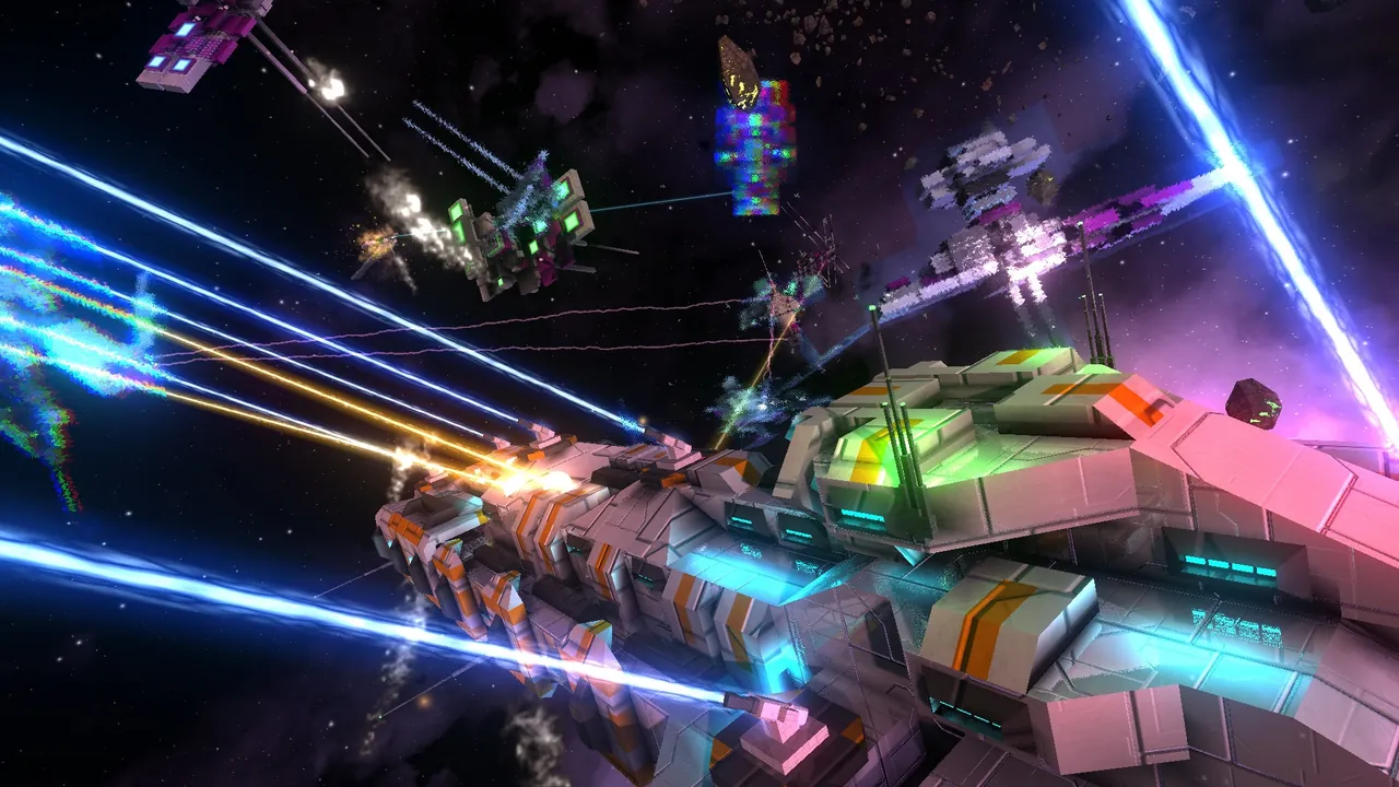 Avorion ships flying in formation