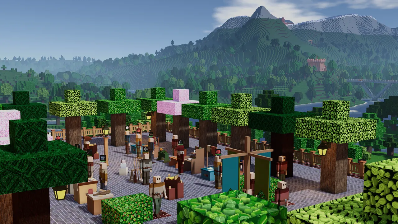 A busy Colony Survival town square full of colonists under blocky trees, with hills behind