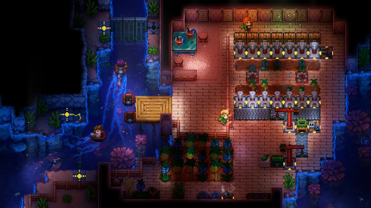 Players mining tunnels and farming in an underground Core Keeper base