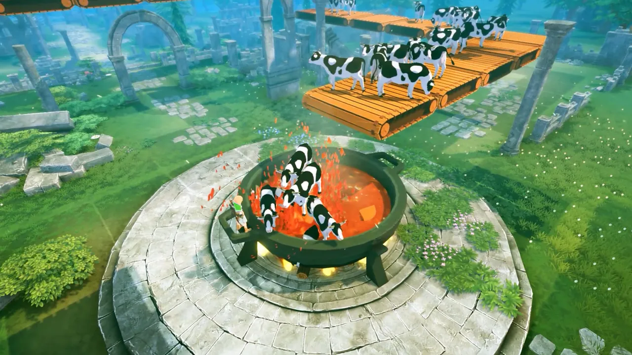 An automated farm and conveyor lines in a Craftopia world