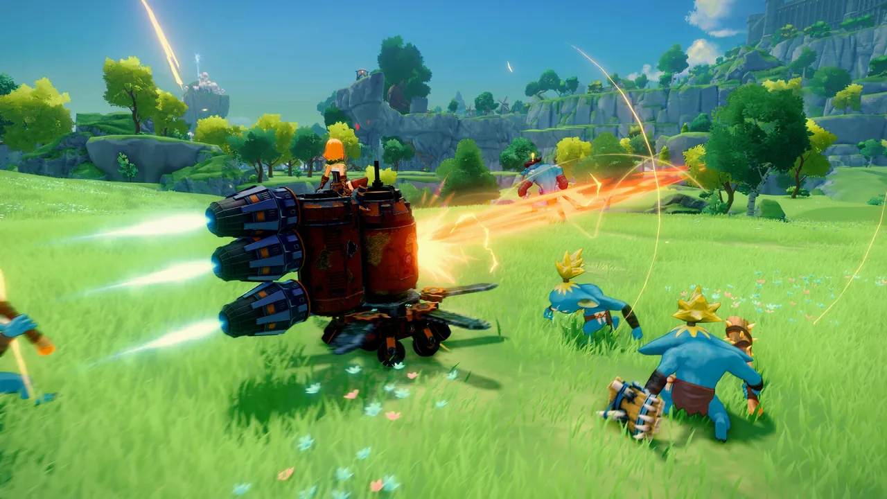 A Craftopia player firing a rocket powered machine at blue goblins on a grassy island