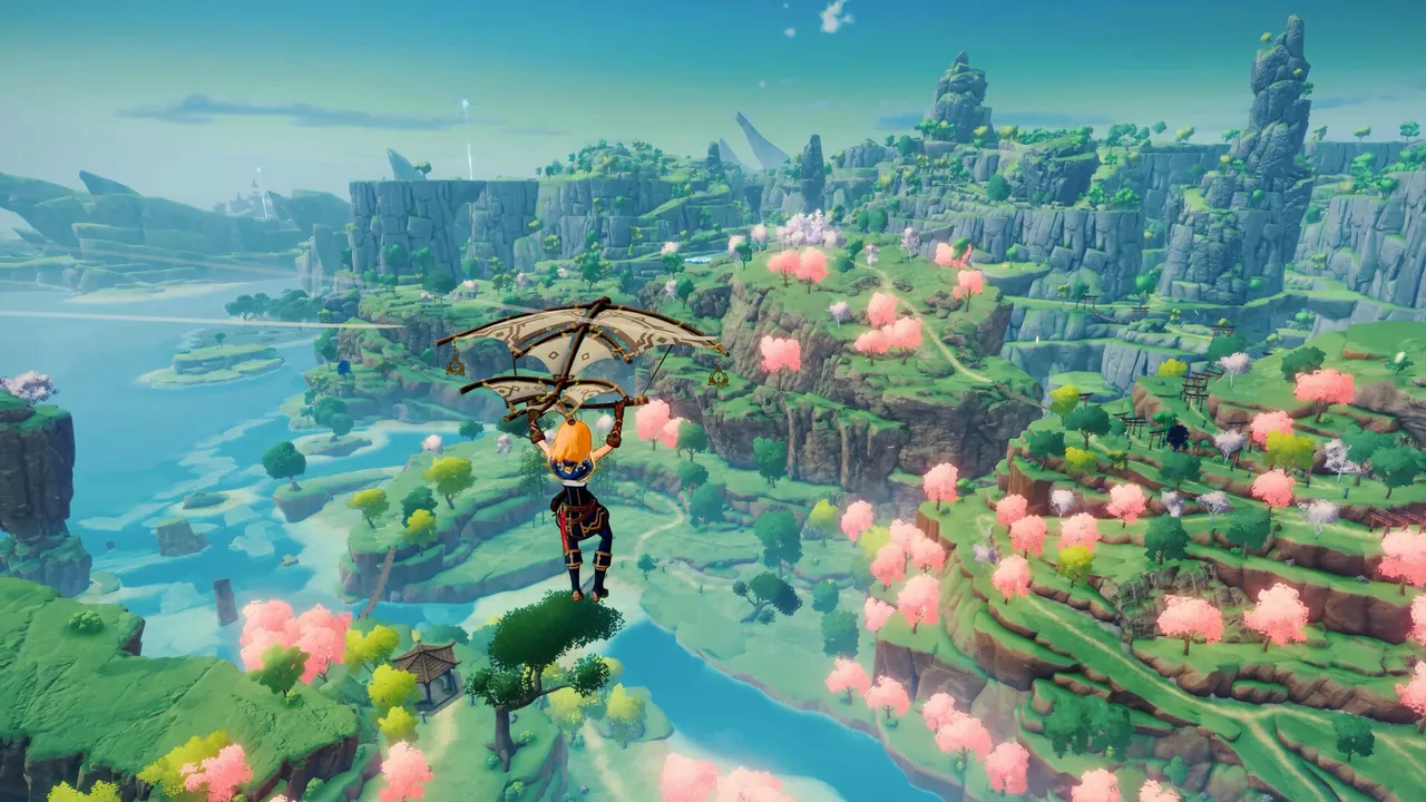 A Craftopia player building on a floating island
