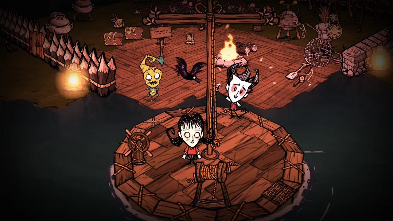 Characters around a campfire in Don't Starve Together