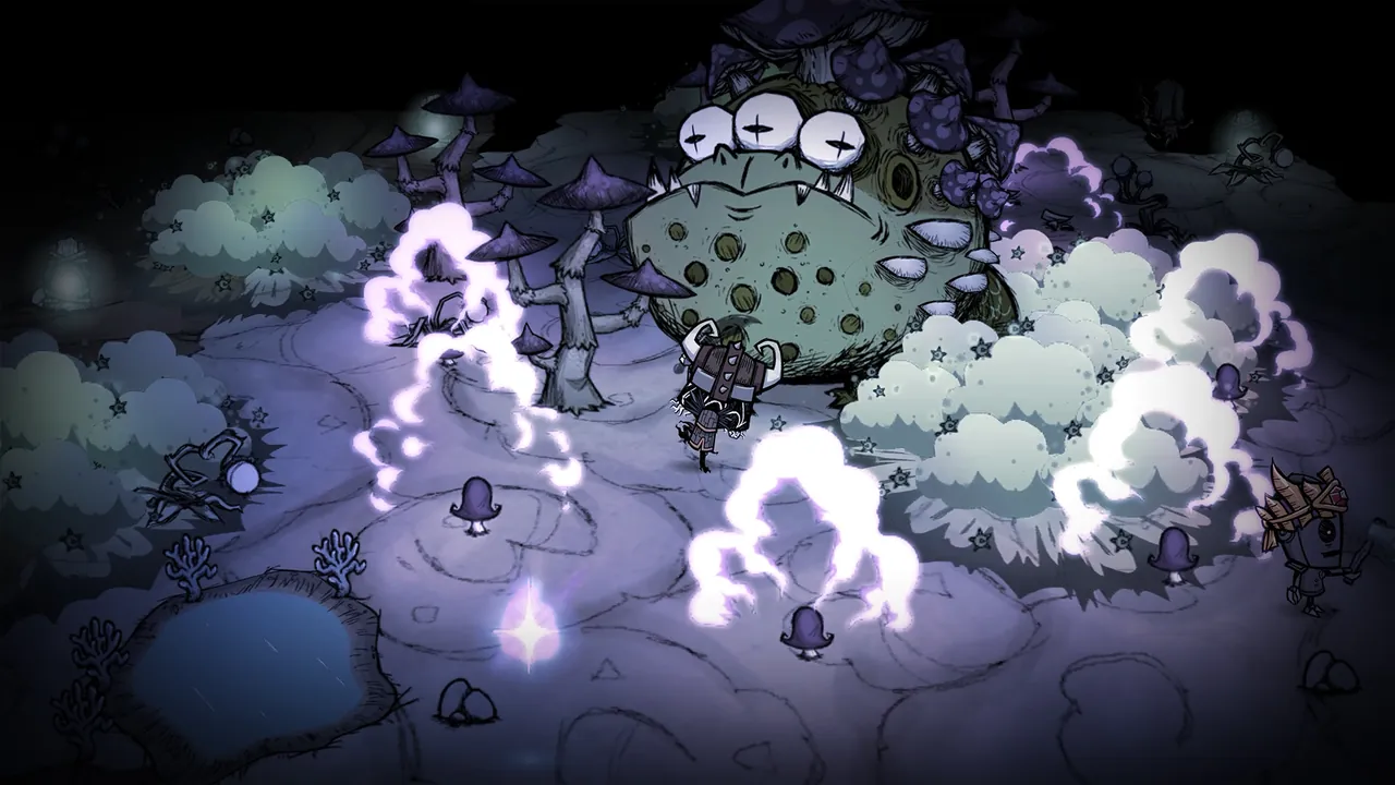 A Don't Starve Together camp with a crock pot and science machine at dusk