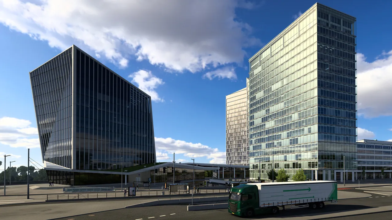 A convoy of trucks driving together on a modded Euro Truck Simulator 2 map