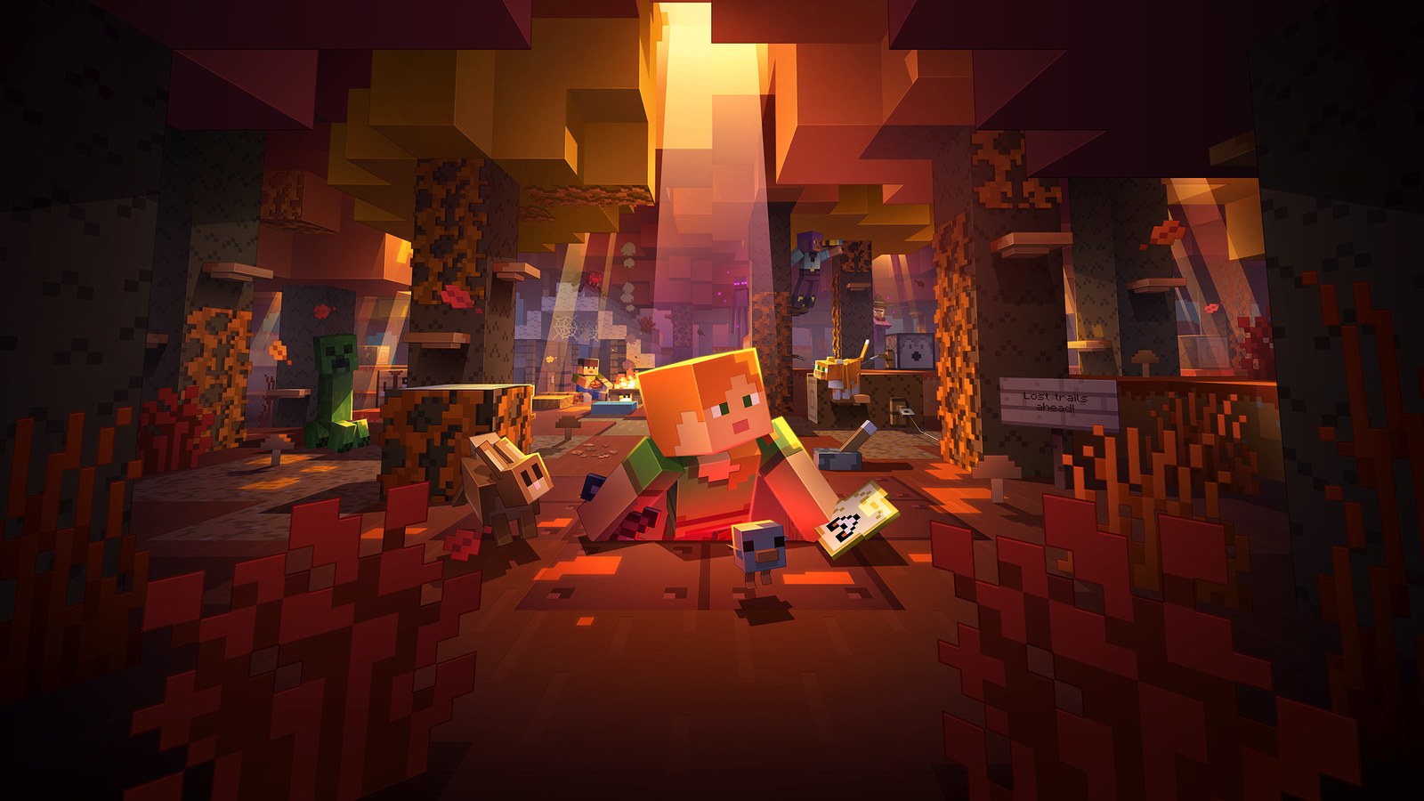 Minecraft Bedrock Wilderness Bound key art showing Alex in an autumn forest with a creeper, an armadillo and players at a campfire