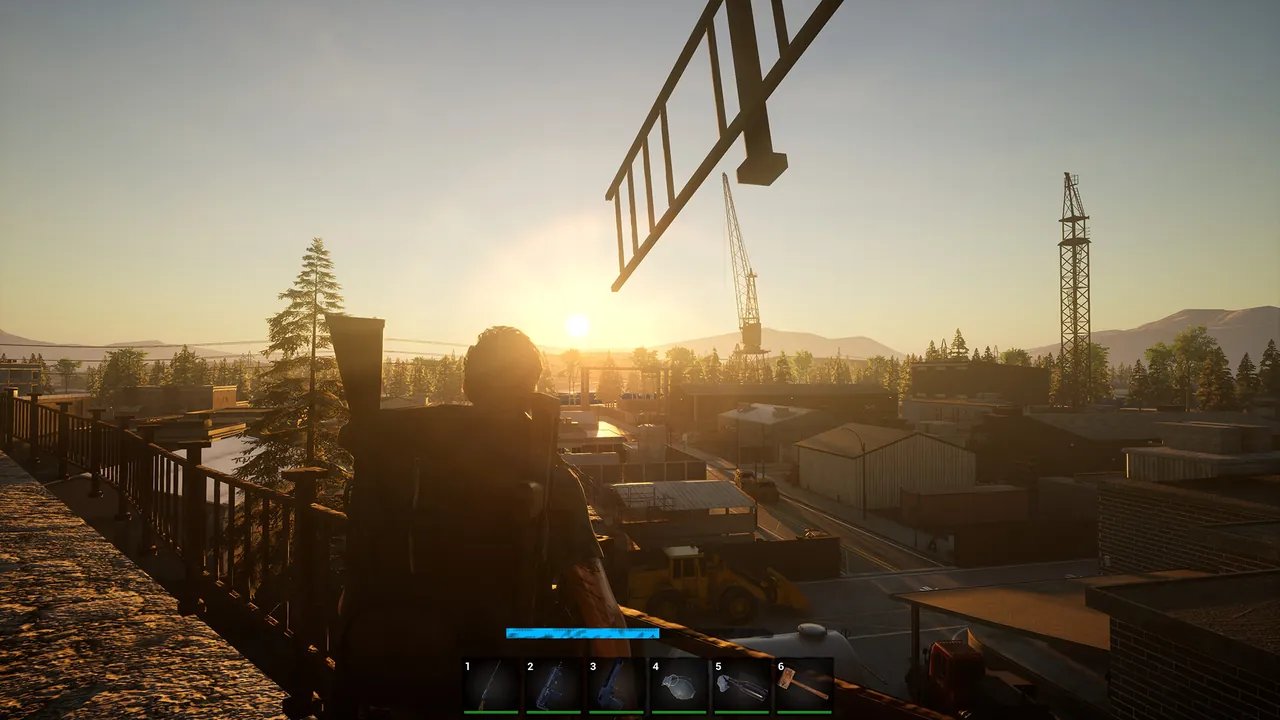 A No One Survived survivor looking over an abandoned industrial town at sunset