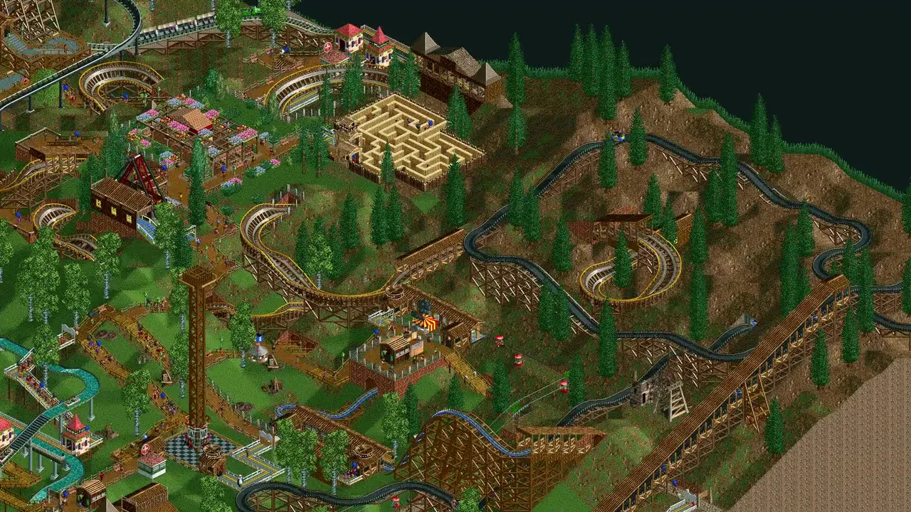 An OpenRCT2 park seen from above