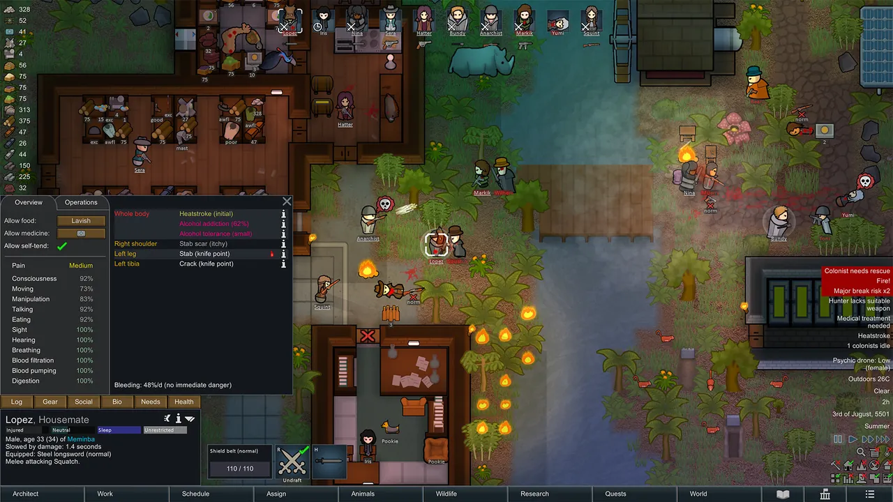 A RimWorld colony seen from above with buildings, fields and colonists at work
