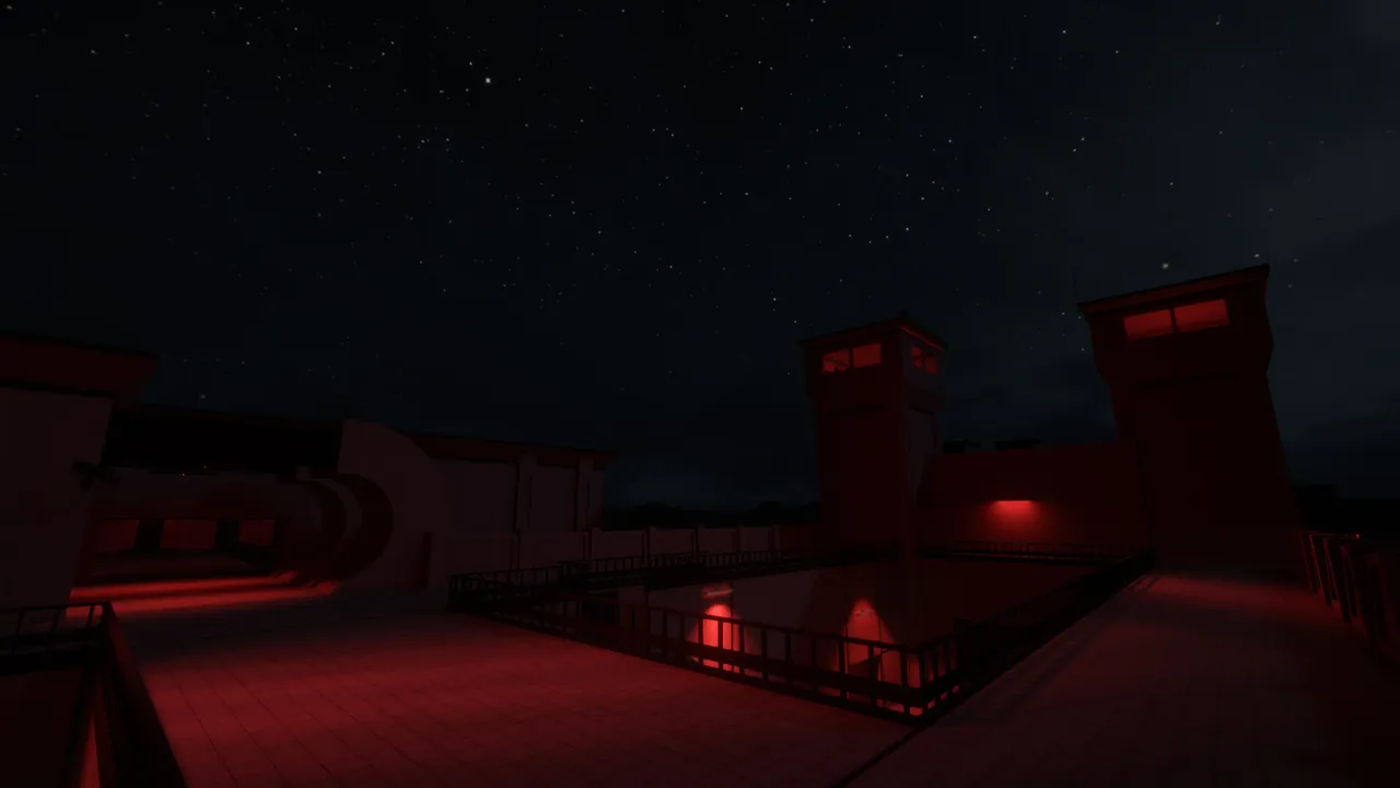 The SCP: Secret Laboratory facility under alarm lighting