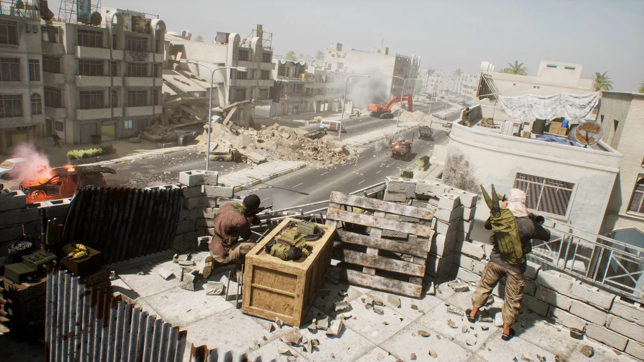 A Squad fireteam taking cover in a town