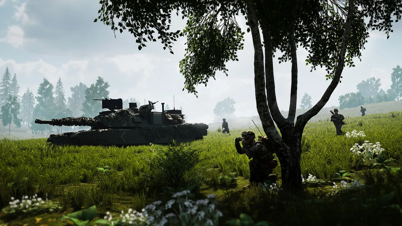 Squad soldiers moving past armored vehicles