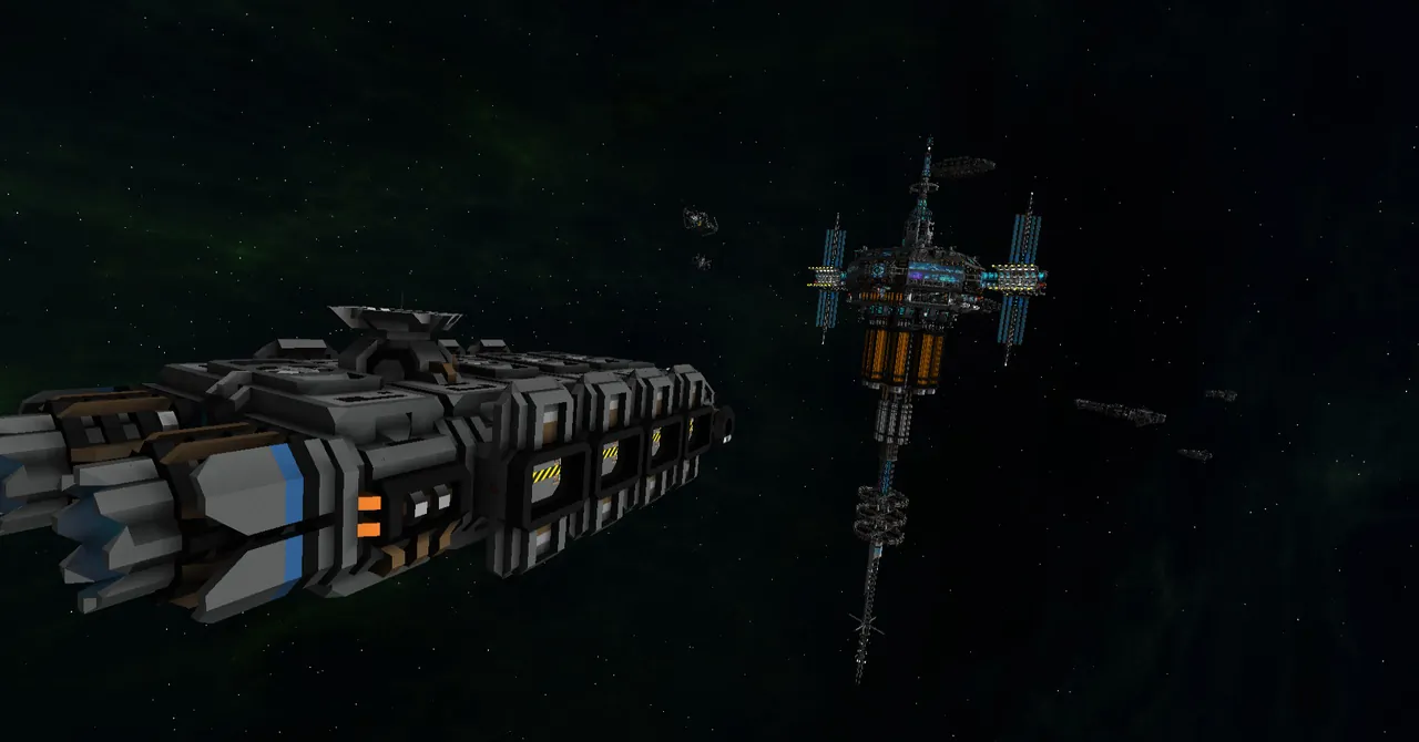 A voxel ship in StarMade's procedurally generated universe