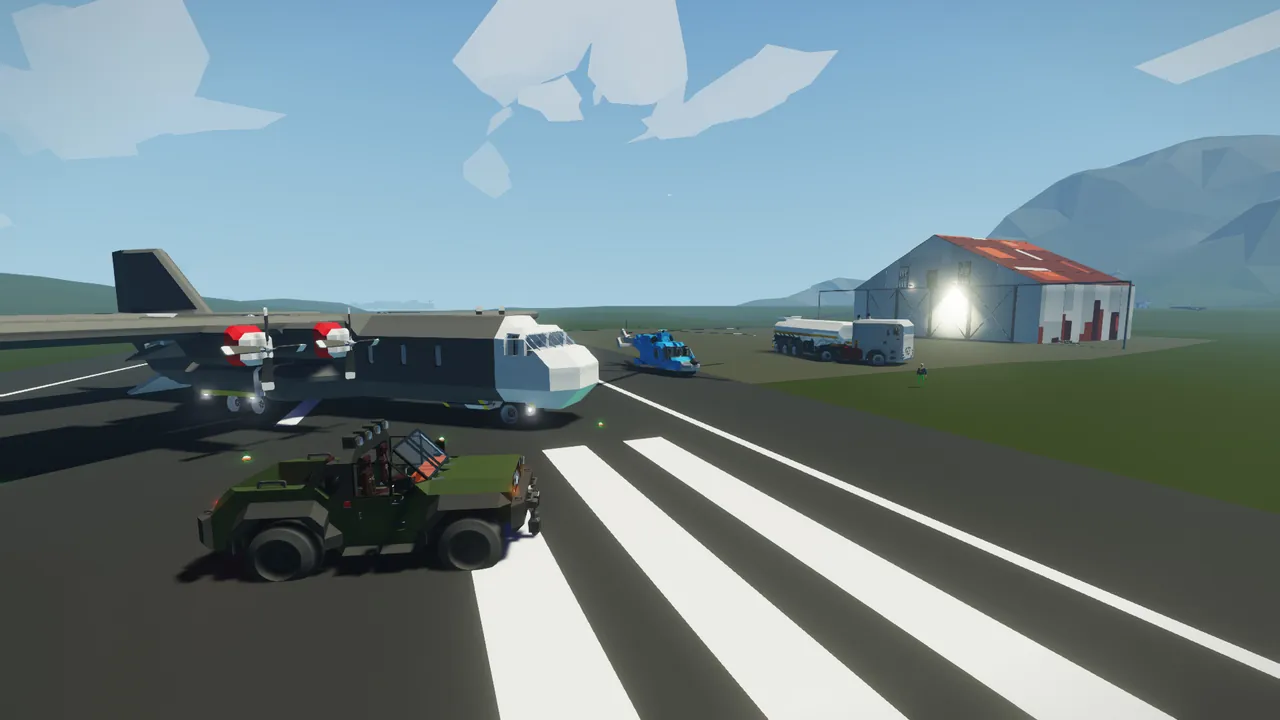 Stormworks vehicles at a coastal base