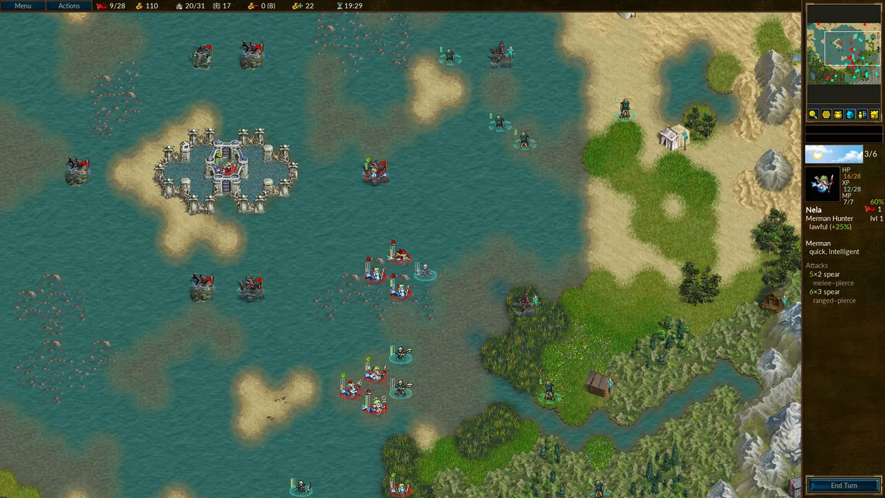 Wesnoth units clashing on a battlefield