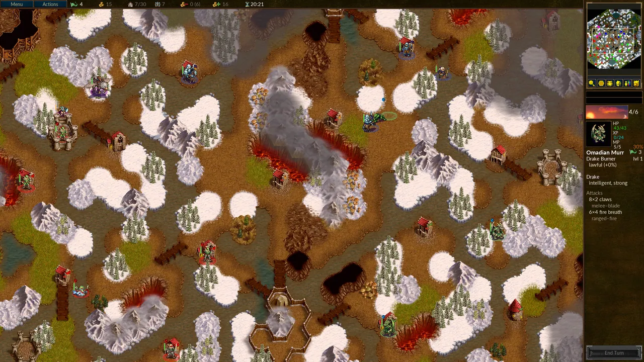 Wesnoth units on a forest and hills map