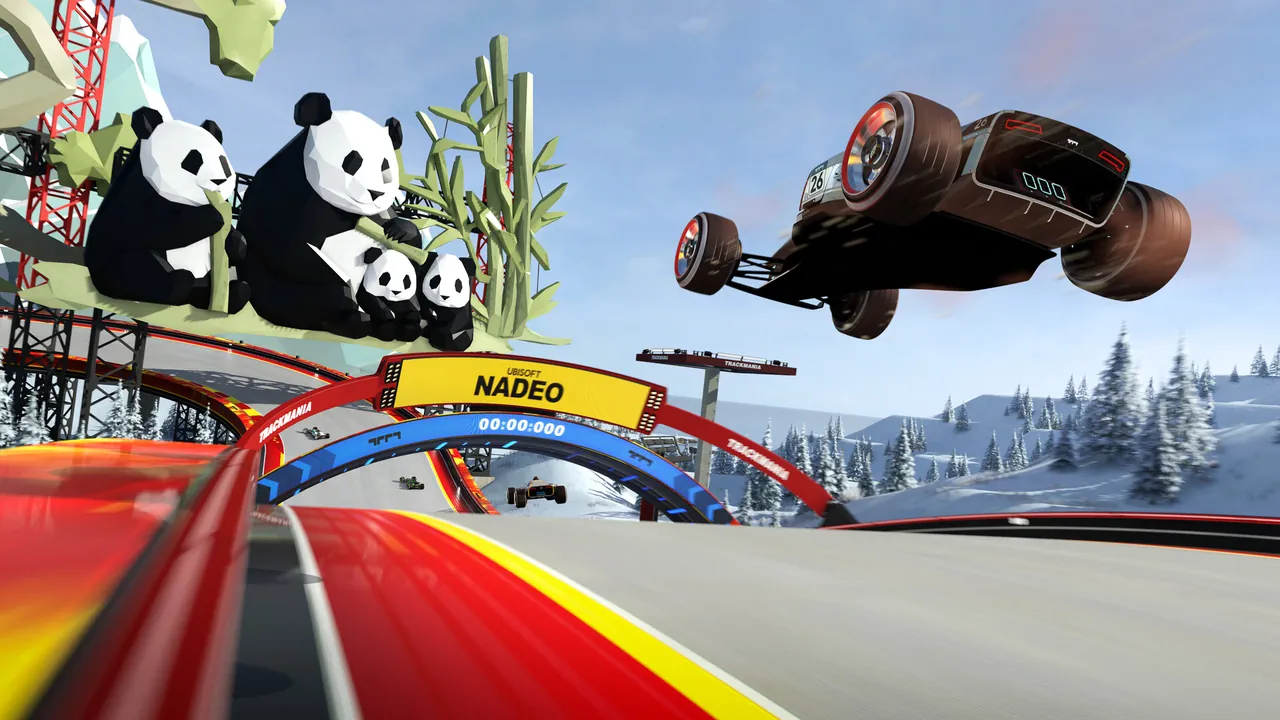 A Trackmania car mid jump on a custom track