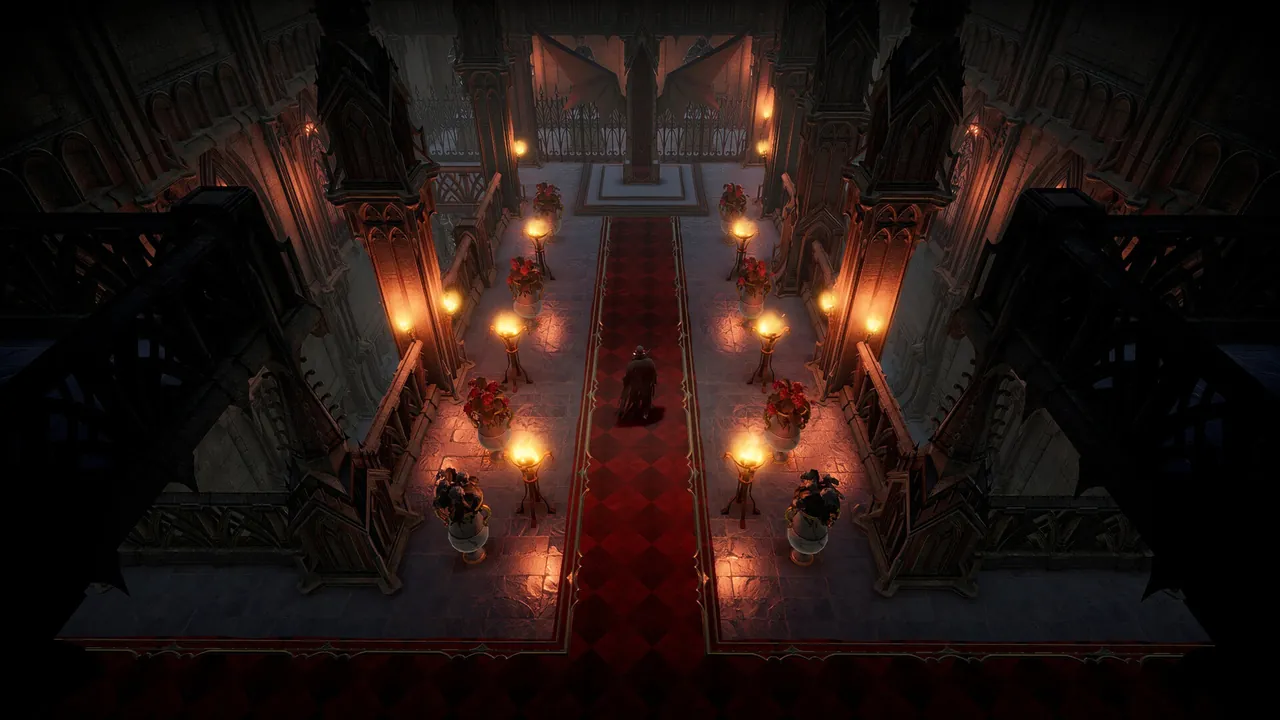 A V Rising vampire castle at night with servants and the castle heart, the kind of base protected by CastleDamageMode
