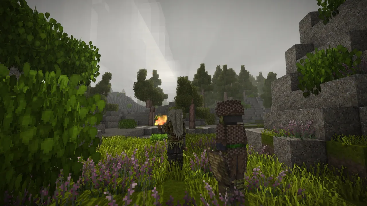 A Vintage Story settlement built on a modded multiplayer server