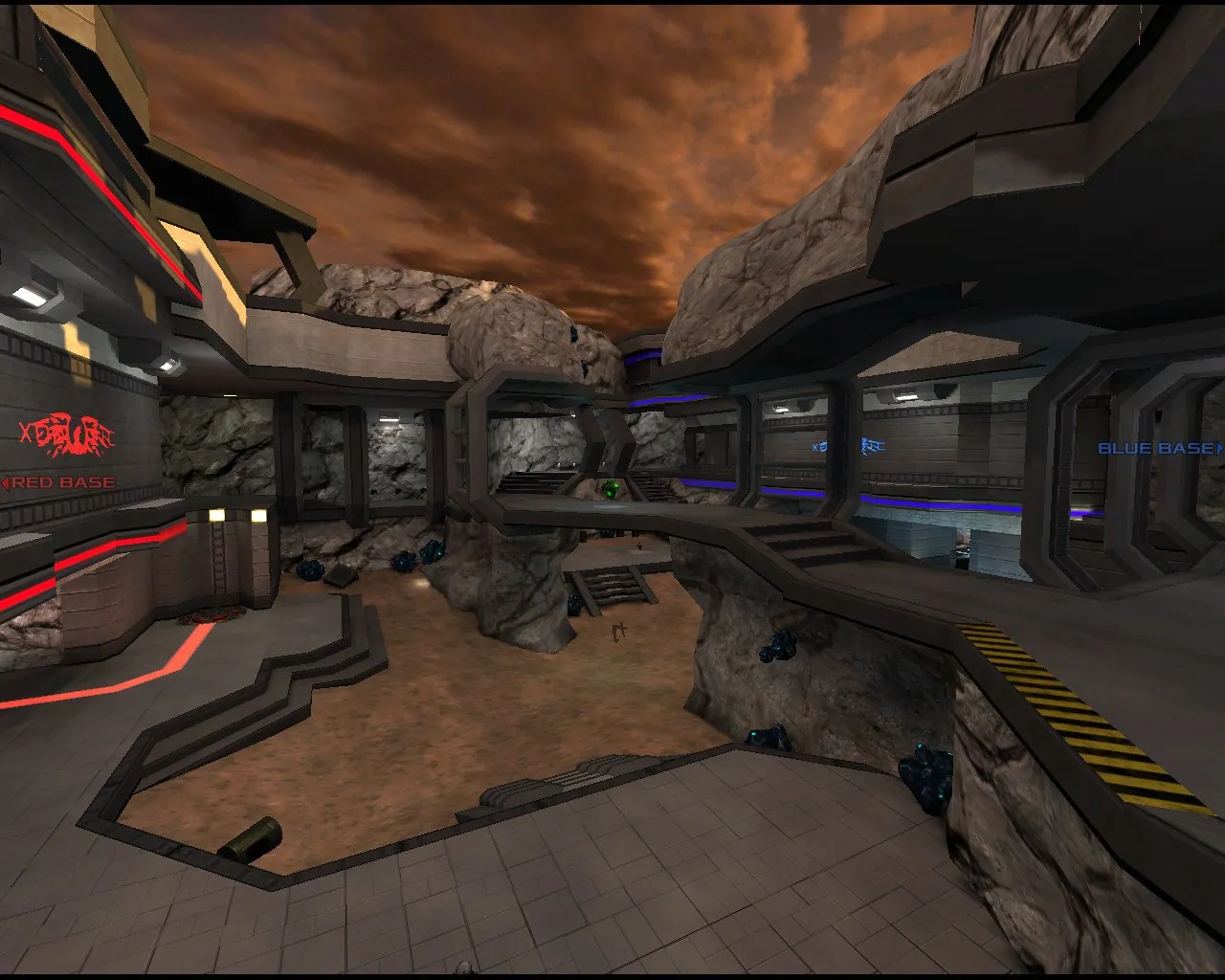 Xonotic match in an industrial arena